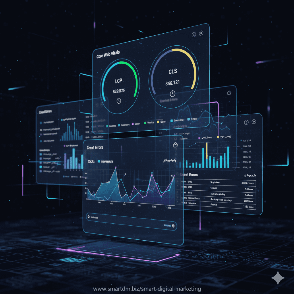 تصویر داشبورد سئو تکنیکال با گرافهای شبیه سرچ کنسول، نمایش Core Web Vitals و وضعیت خزش و ایندکس سایت