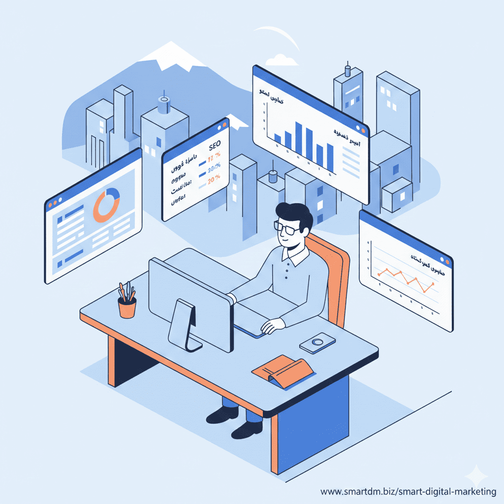 تصویر ایزومتریک صاحب کسبوکار ایرانی در دفتر کار، در حال مقایسه شرکتهای سئو و خدمات سئو و نمودارهای رتبه و ترافیک گوگل روی چند مانیتور