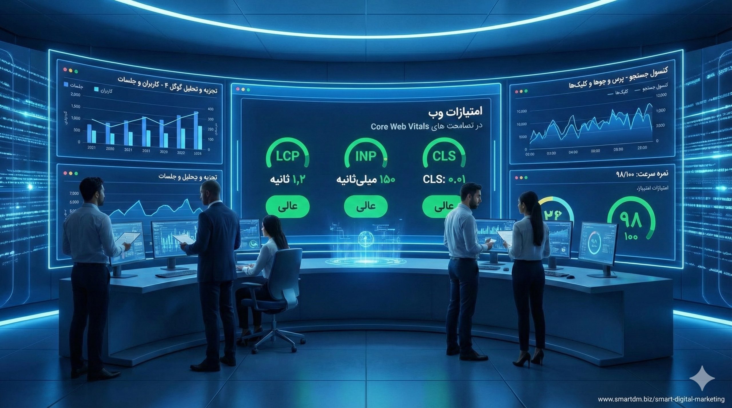 تیم فنی و مارکتینگ در اتاق کنترل دیجیتال در حال تحلیل گزارش‌های GA4، Search Console و شاخص‌های Core Web Vitals برای بهینه‌سازی سایت