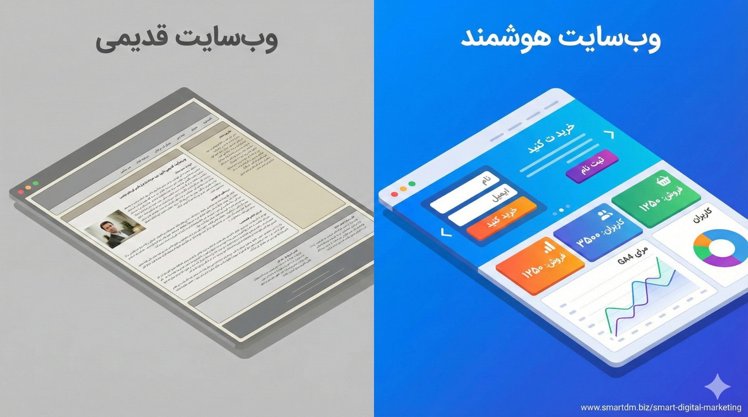 نمای مقایسه‌ای یک سایت ویترینی ساده در کنار یک سایت فروش‌محور داده‌محور با فرم لید، KPI و دکمه‌های فراخوان فارسی